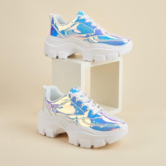 🆕 Women White Chunky Platform Sneakers Lace-Up Casual Fashion Walking Shoes - Picture 4 of 7